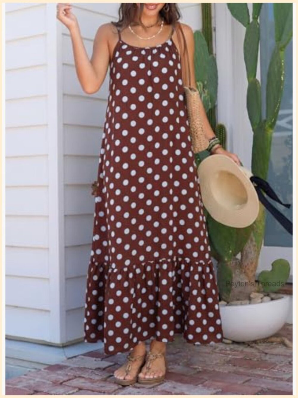 Spaghetti Strap Smocked Ruffle Flowy Boho Maxi Dress - Sleeveless A-Line - Picture 5 of 7